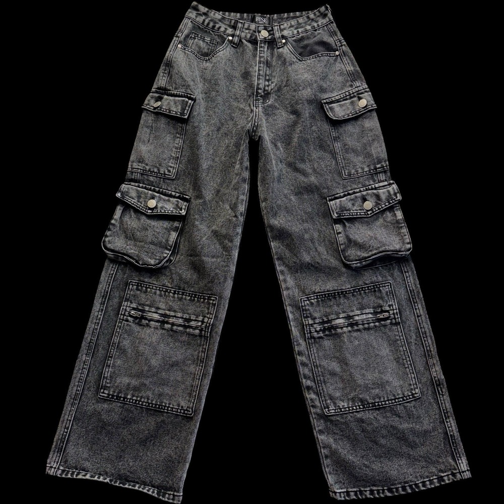 Rise Supply Co Cargo Jeans Black Acid Wash Baggy Y2K Pockets Denim Unisex 7 #332